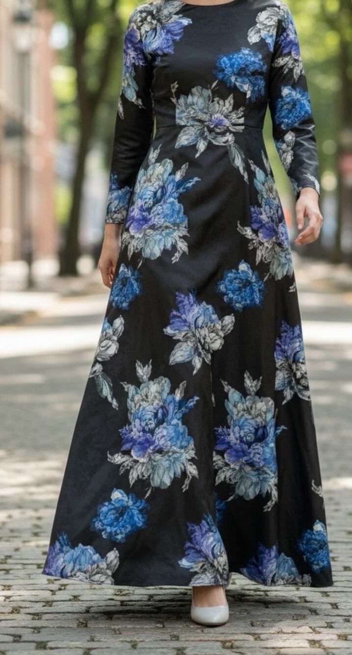 Faeriesty Evening Dress Small Black & Blue Silver Flowers Polyester Lined NEW